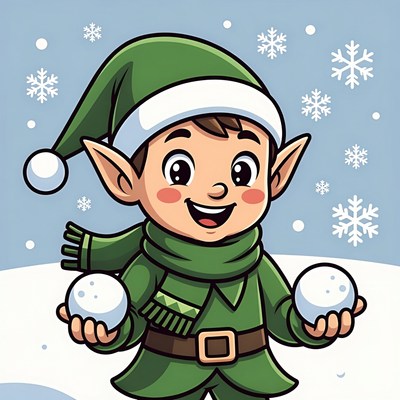 Cartoon Elf Holding Snowballs