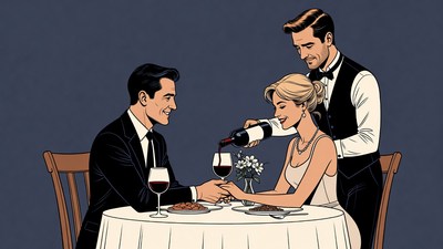 Waiter pouring wine for romantic couple