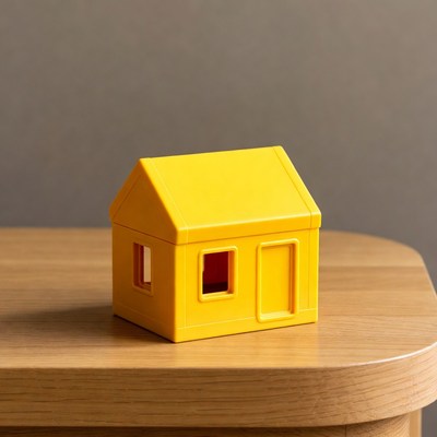 Yellow toy house on wooden table