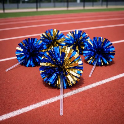 Blue Gold Cheerleader Pom Poms on Track