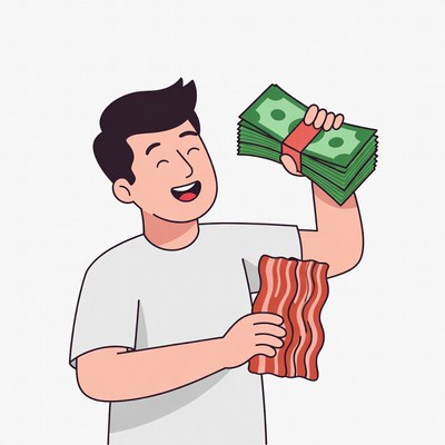 Man holding cash and bacon
