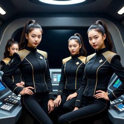 Asian women in Star Trek uniforms on spaceship bridge