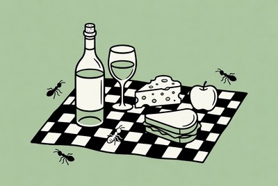 Picnic with wine, cheese, sandwich, ants