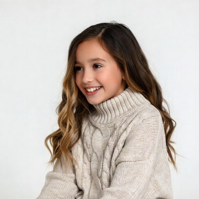 Smiling girl in beige turtleneck sweater