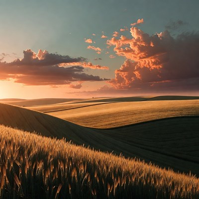 Wheat Fields at Sunset with Distant Figures