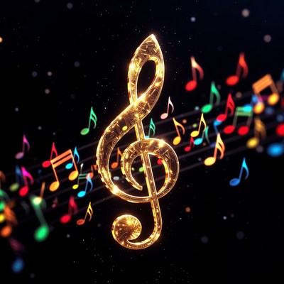 Golden Treble Clef with Colorful Notes