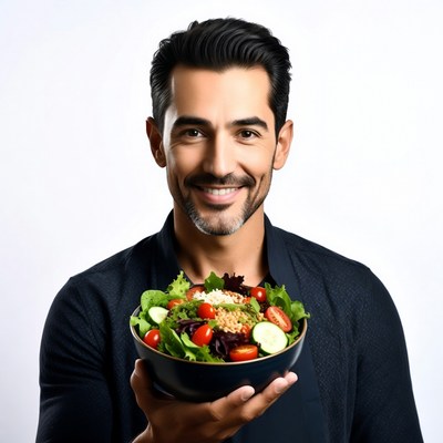 Man holding fresh salad bowl