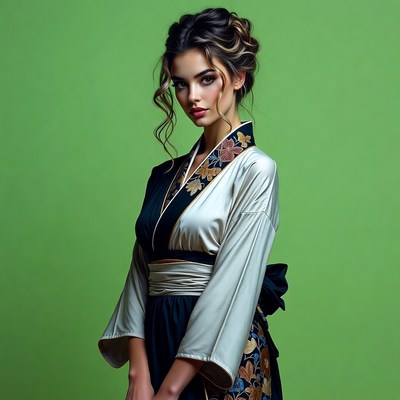 Woman in embroidered kimono on green background