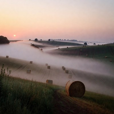 Hay bales in foggy rolling hills at sunrise