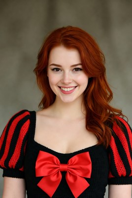 Smiling woman in red bow dress