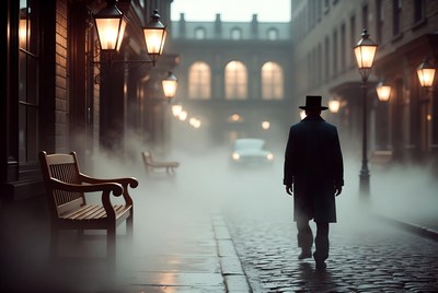 Man walking in foggy cobblestone alley