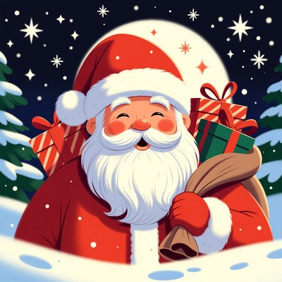 Smiling Santa Claus with gifts and sack