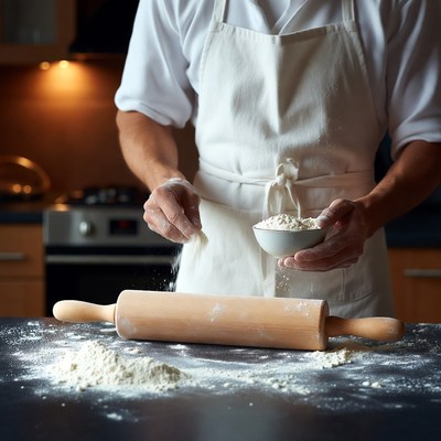 Chef sprinkling flour on rolling pin