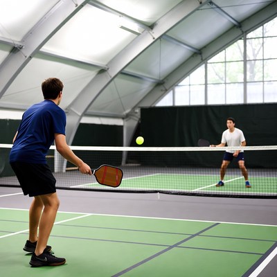 Two men playing pickleball indoors