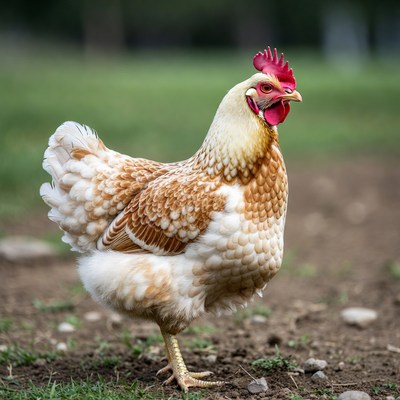 Brown white chicken standing in grass