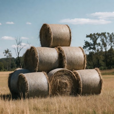 Hay bales stacked in field