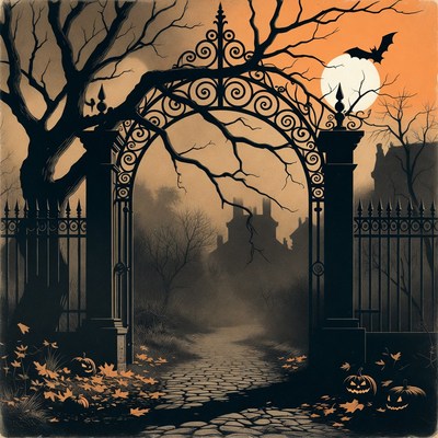Haunted Gate with Moon and Castle