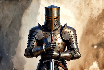 Knight in Crusader Armor Holding Sword