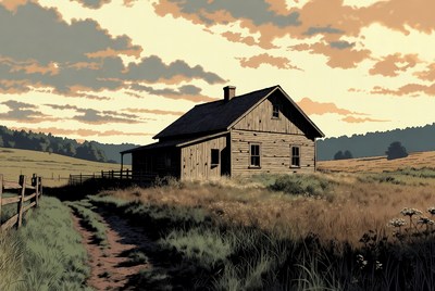 Old wooden cabin in field at sunset