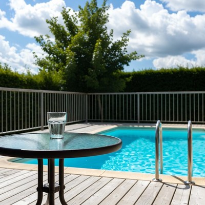 Glass of water on table by pool
