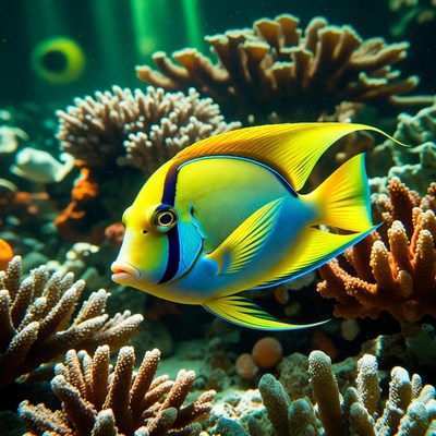 Yellow Angelfish Among Coral Reef