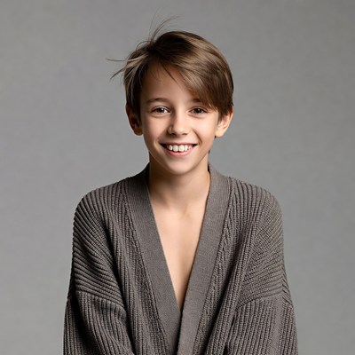 Smiling boy in open gray cardigan