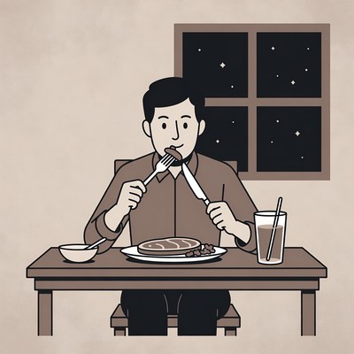 Man eating steak at night