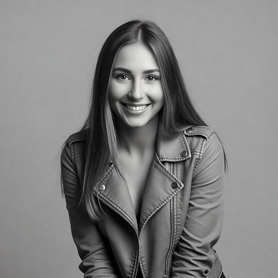 Smiling woman in leather jacket