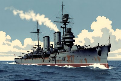 WWII Dreadnought Battleship at Sea