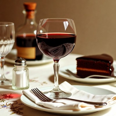 Red Wine Glass with Chocolate Cake