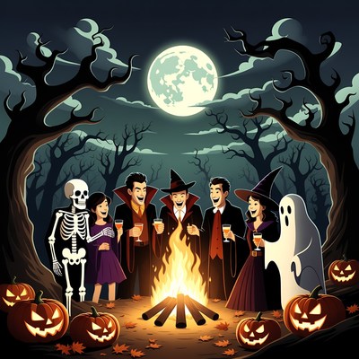 Halloween characters around campfire