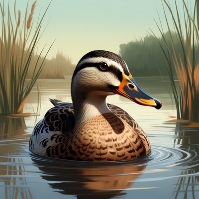 Mallard duck swimming in reeds