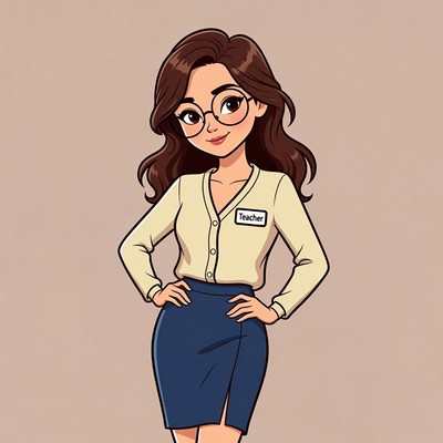 Cartoon Asian teacher with hands on hips