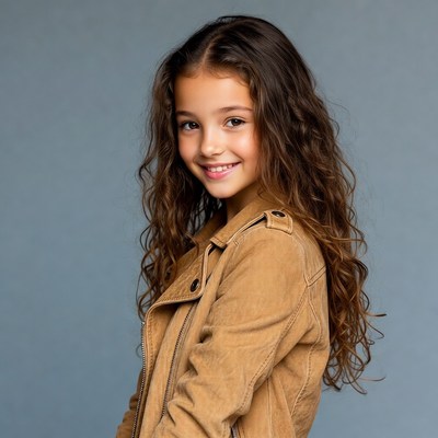 Girl in tan leather jacket smiling