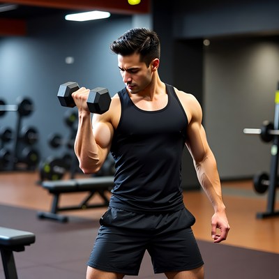 Muscular man doing bicep curls