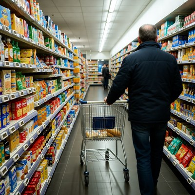Man pushing shopping cart in supermarket aisle
