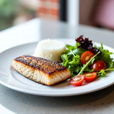 Grilled Salmon with Rice and Salad