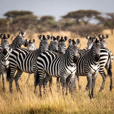 Herd of zebras in savanna grassland
