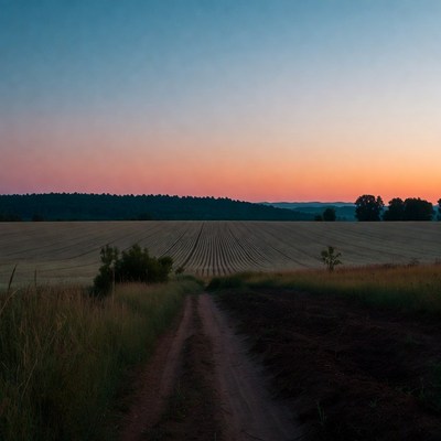 Dirt Path Through Fields at Sunset