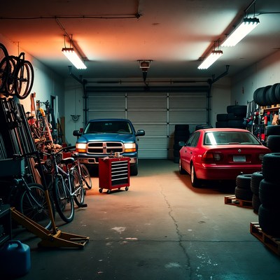 Cars in Garage with Tools
