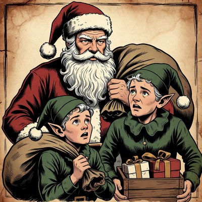 Santa with elves holding Christmas gifts