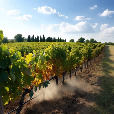 Vineyard with tractor kicking up dust