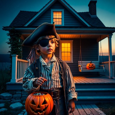 Boy pirate trick-or-treating on porch