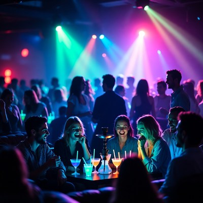 Group enjoying hookah at neon nightclub
