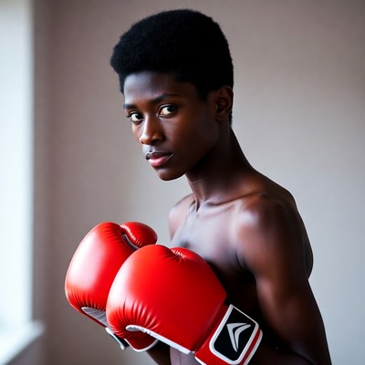African-American boy with red boxing gloves