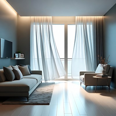 Modern living room with billowing curtains