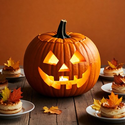 Jack-o'-lantern with pastries and fall leaves