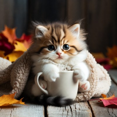 Kitten holding mug with autumn leaves