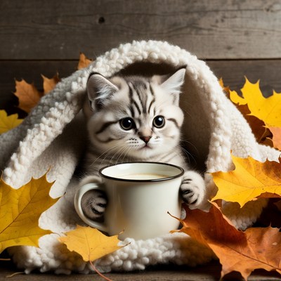Kitten holding coffee mug in blanket