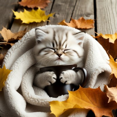 Kitten holding mug in blanket with autumn leaves